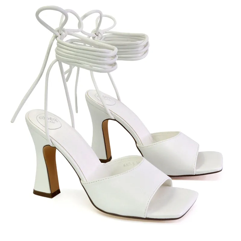 Flora Strappy Lace Up Block High Heels With a Square Toe in White sold by XYlondon
