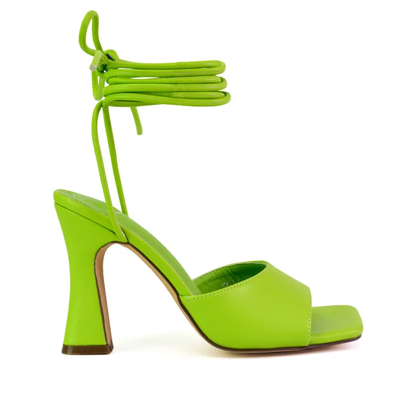 Flora Strappy Lace Up Block High Heels With a Square Toe in Green sold by XYlondon