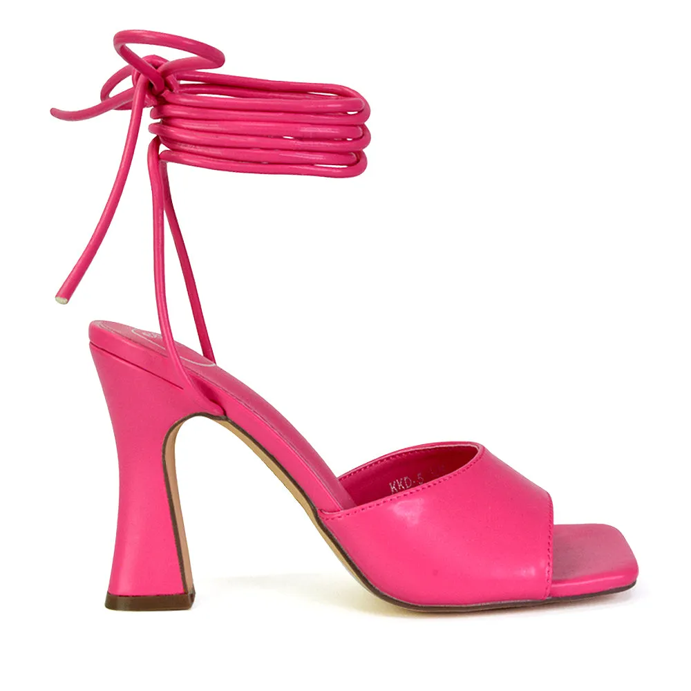 Flora Strappy Lace Up Block High Heels With a Square Toe in Hot Pink sold by XYlondon product image thumbnail 5