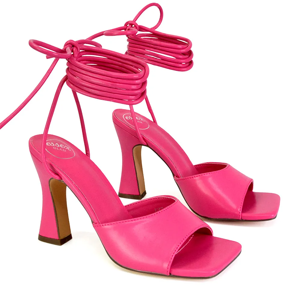 Flora Strappy Lace Up Block High Heels With a Square Toe in Hot Pink sold by XYlondon
