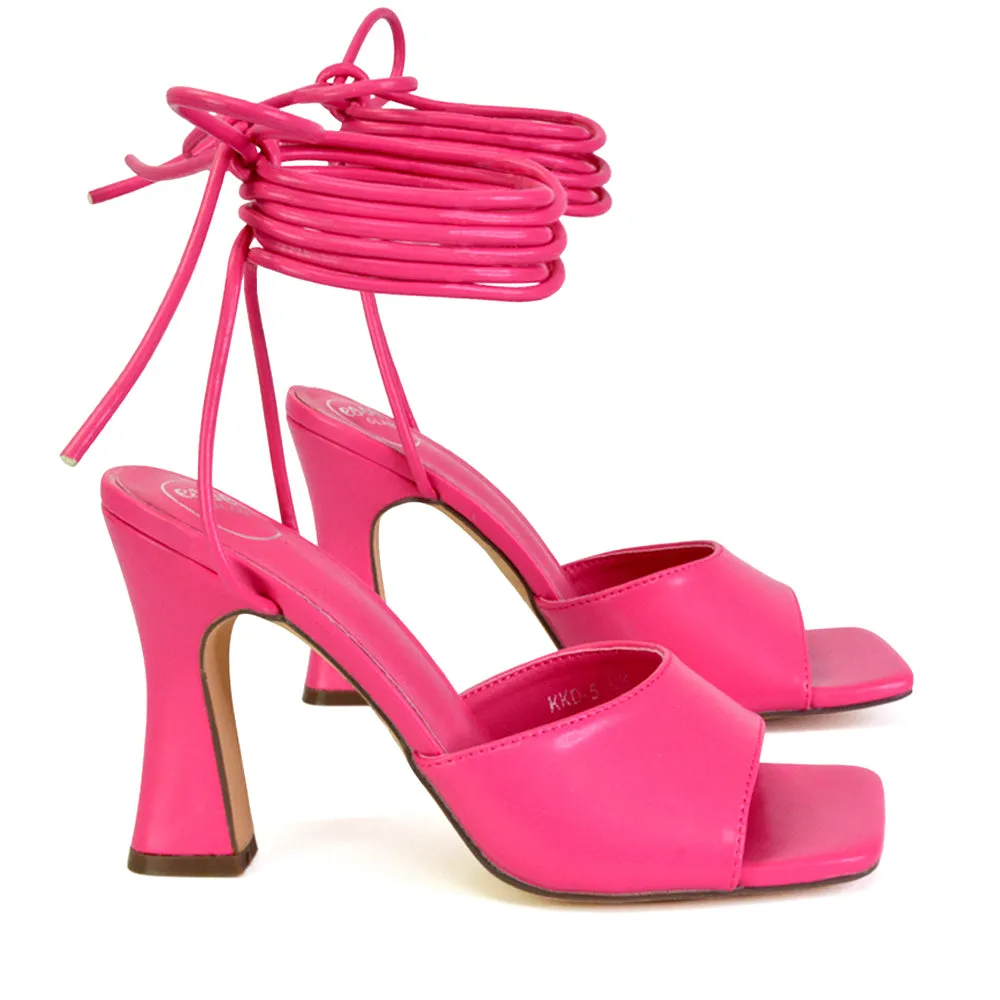 Flora Strappy Lace Up Block High Heels With a Square Toe in Hot Pink sold by XYlondon product image thumbnail 4