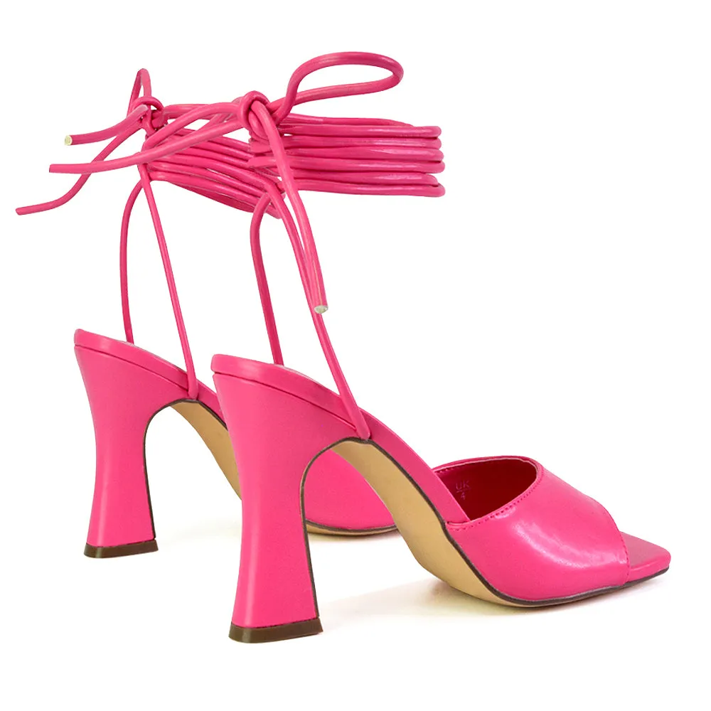 Flora Strappy Lace Up Block High Heels With a Square Toe in Hot Pink sold by XYlondon product image thumbnail 2
