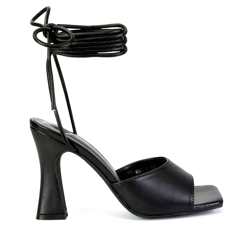 Flora Strappy Lace Up Block High Heels With a Square Toe in Black sold by XYlondon