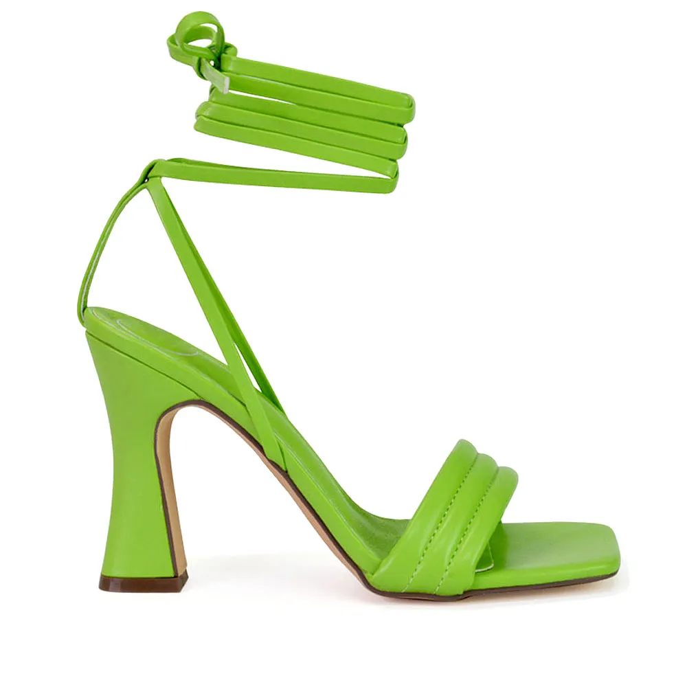 Zeta Lace Up Strappy Mid Block High Heel Sandals With a Square Toe in Green sold by XYlondon