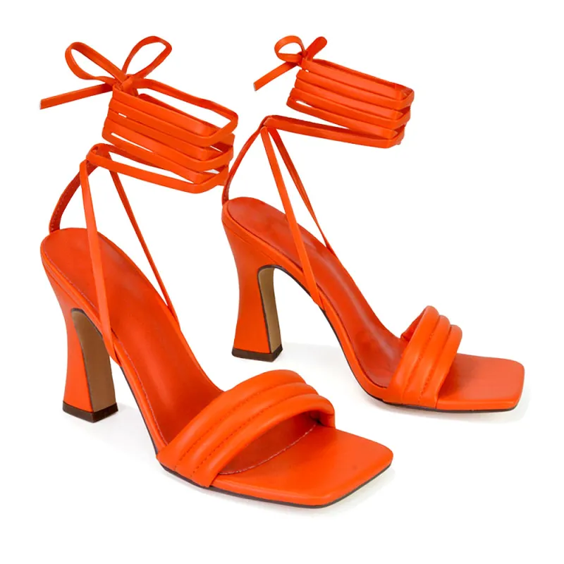 Zeta Lace Up Strappy  Mid Block High Heel Sandals With a Square Toe in Orange sold by XYlondon