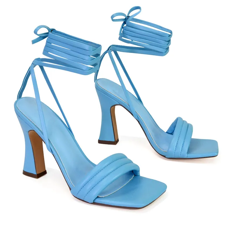 Zeta Lace Up Strappy  Mid Block High Heel Sandals With a Square Toe in Blue sold by XYlondon