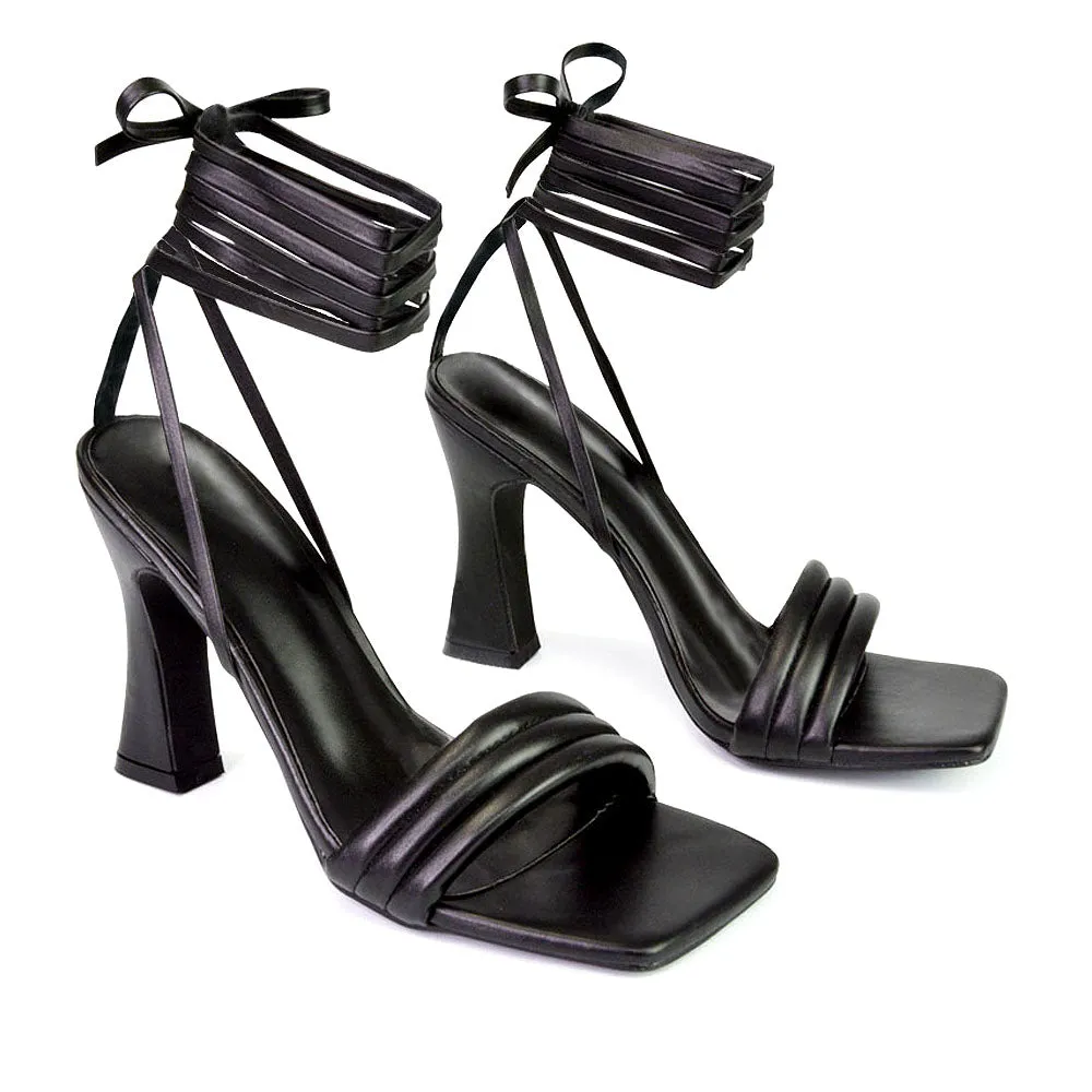 Zeta Lace Up Strappy Mid Block High Heel Sandals With a Square Toe in Black sold by XYlondon