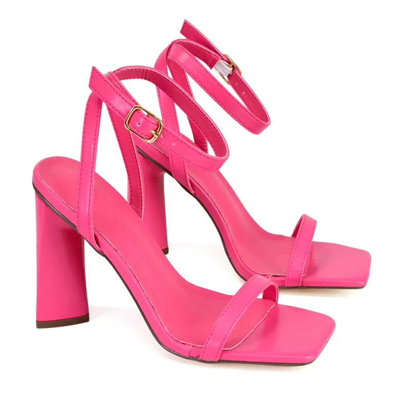 Max Sculptured Triangle Block High Heel Strappy Square Toe Sandals in Hot Pink sold by XYlondon