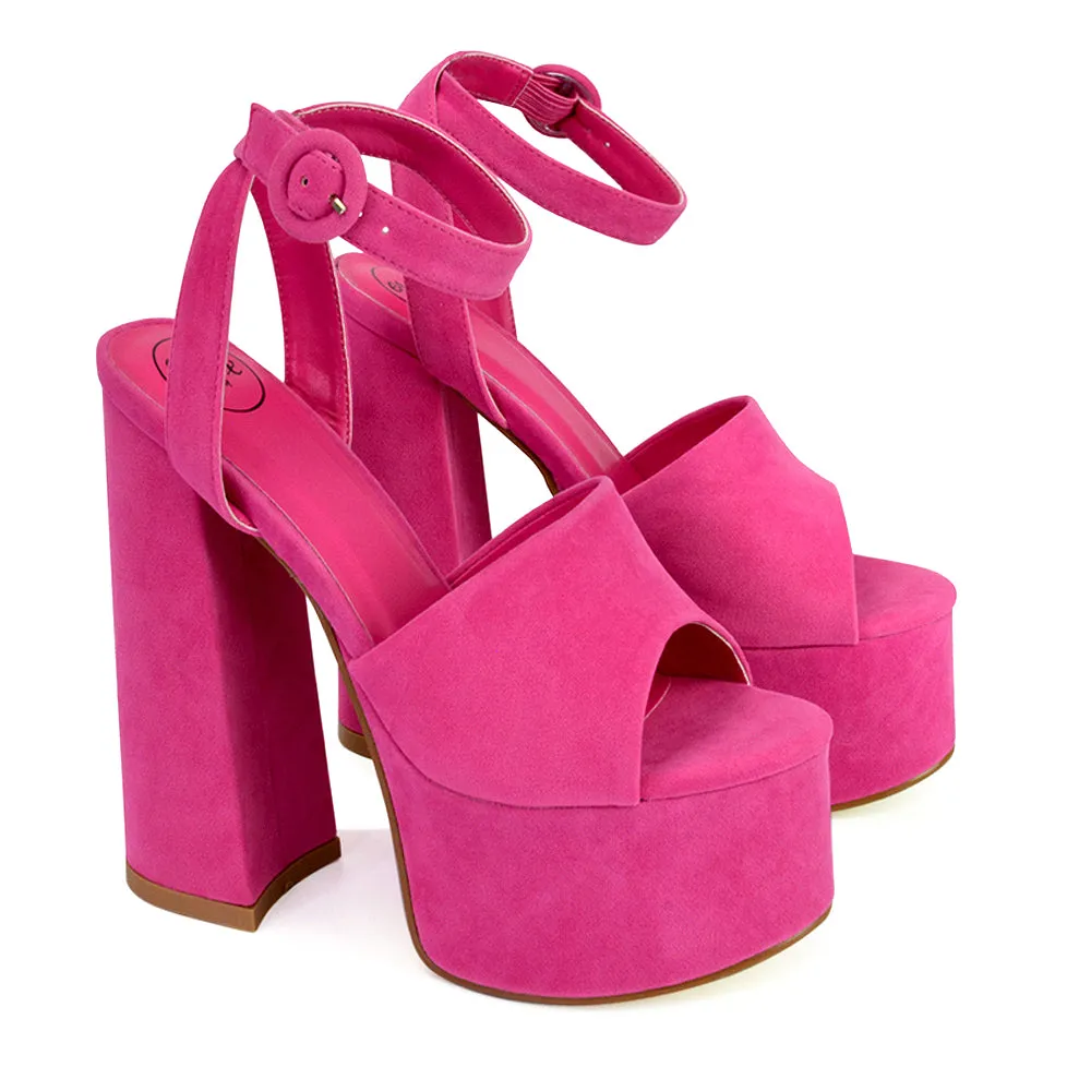 Pennie Strappy Super High Platform Shoes With a Chunky Heel in Fuchsia sold by XYlondon