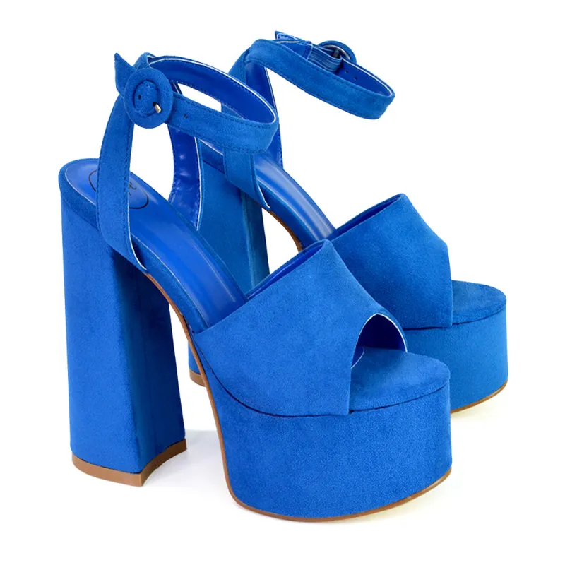Pennie Strappy Super High Platform Shoes With a Chunky Heel in Blue made by XYlondon
