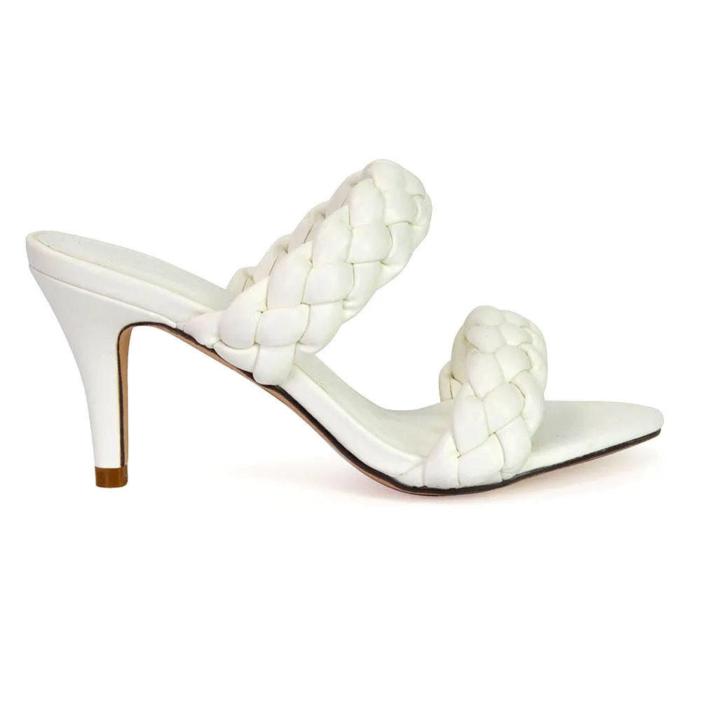 Marsha Square Toe Woven Strap Sandals Mid High Heel Mules in White sold by XYlondon product image thumbnail 3