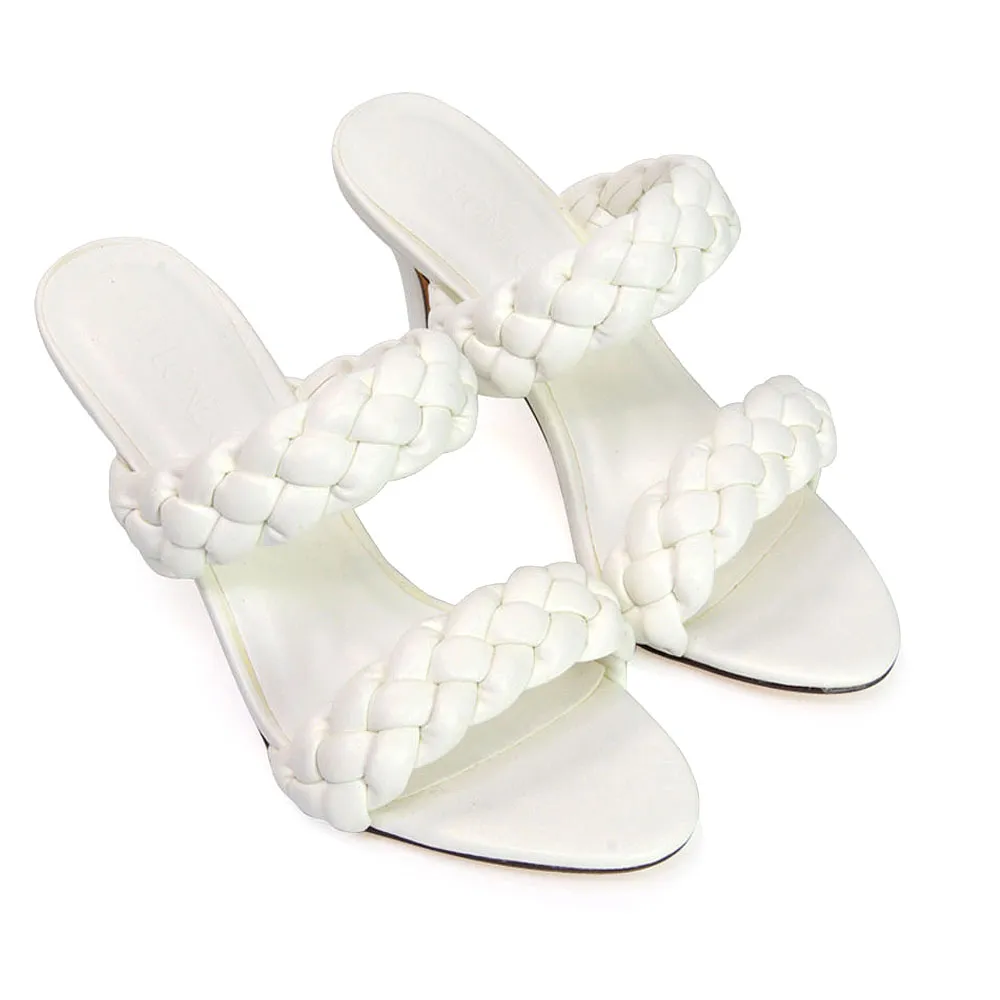 Marsha Square Toe Woven Strap Sandals Mid High Heel Mules in White sold by XYlondon product image thumbnail 2