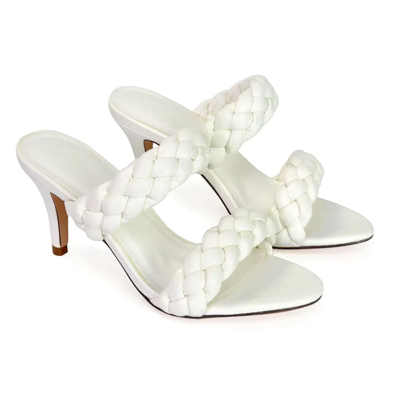 Marsha Square Toe Woven Strap Sandals Mid High Heel Mules in White sold by XYlondon
