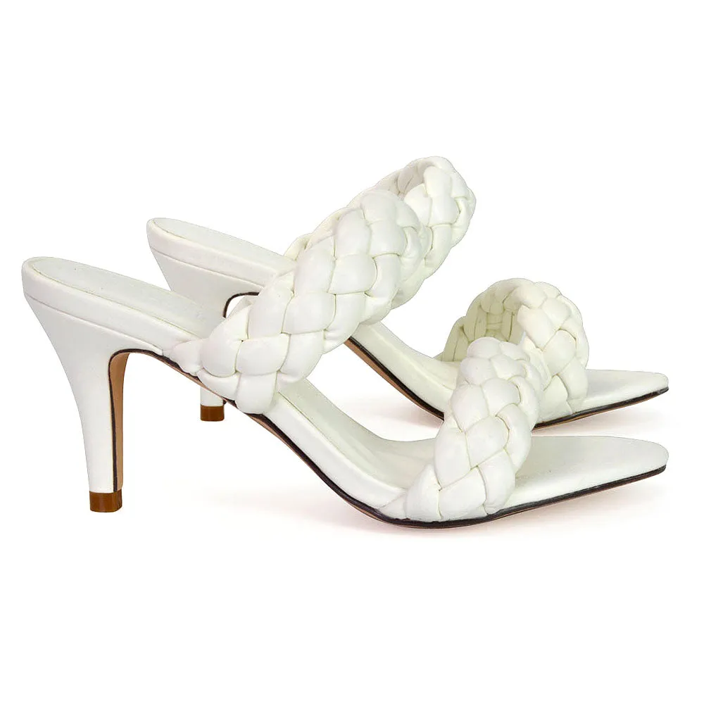 Marsha Square Toe Woven Strap Sandals Mid High Heel Mules in White sold by XYlondon product image thumbnail 4