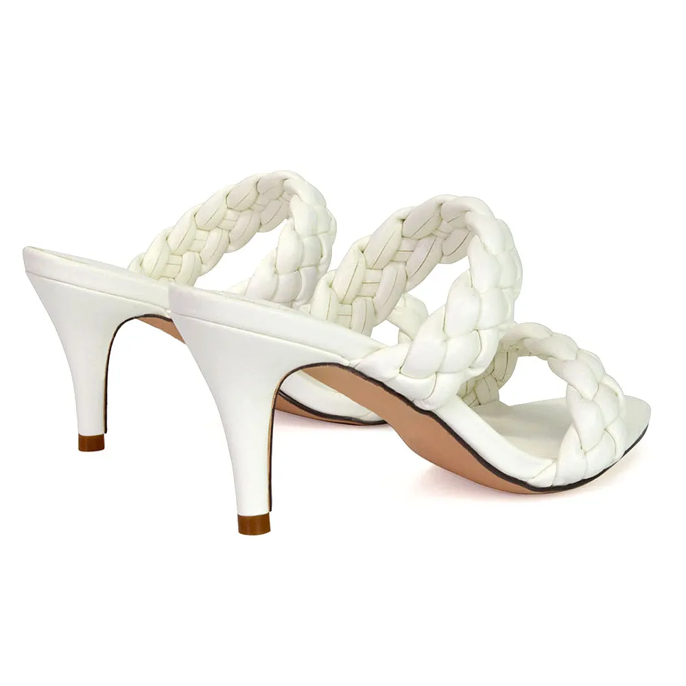 Marsha Square Toe Woven Strap Sandals Mid High Heel Mules in White sold by XYlondon product image thumbnail 5
