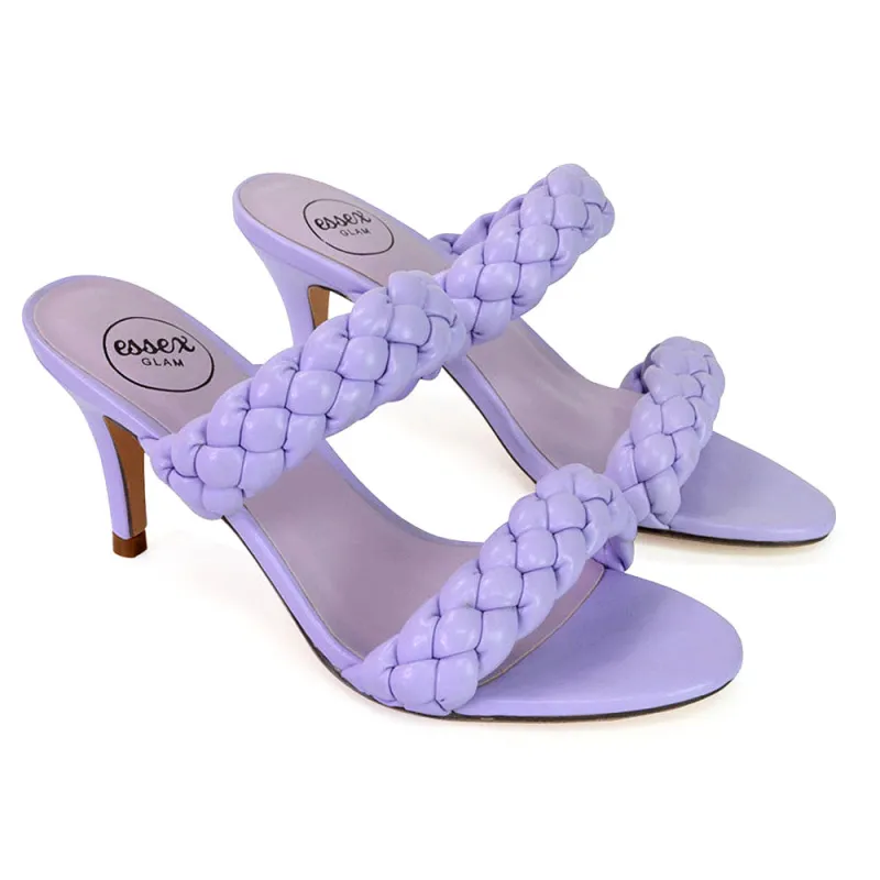 Marsha Square Toe Woven Strap Sandals Mid High Heel Mules in Lilac sold by XYlondon