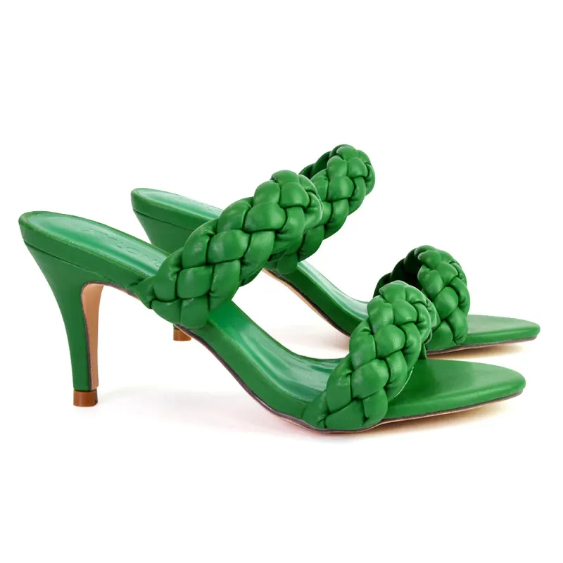 Marsha Square Toe Woven Strap Sandals Mid High Heel Mules in Green sold by XYlondon