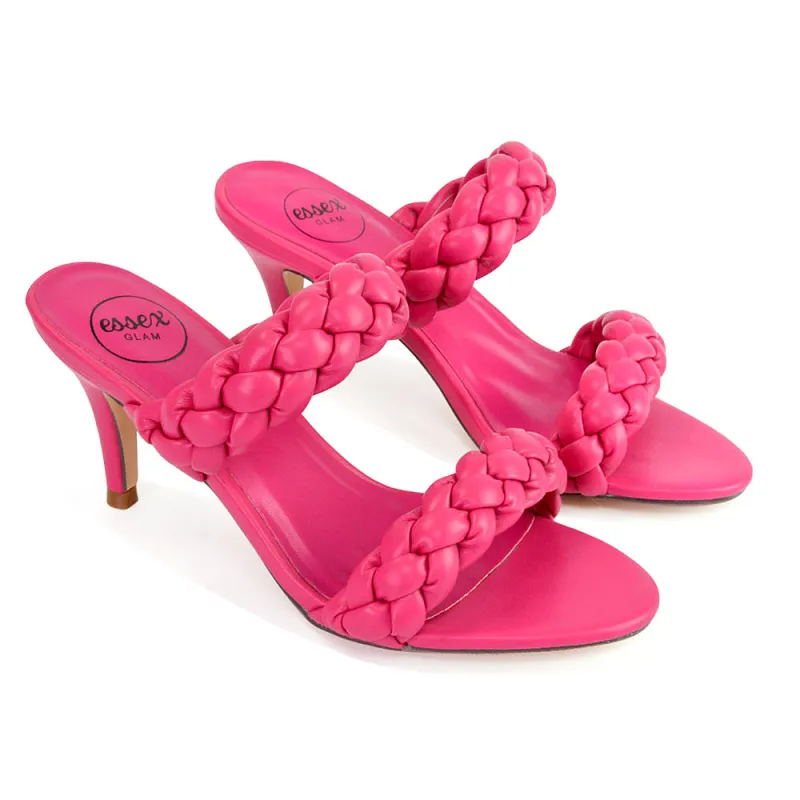 Marsha Square Toe Woven Strap Sandals Mid High Heel Mules in Fuchsia sold by XYlondon
