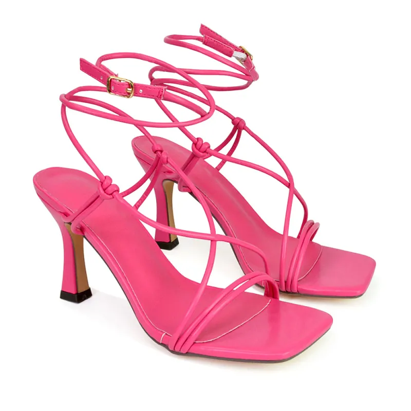 Carys Buckle Lace Up Strappy Stiletto Square Toe Mid High Heel Sandals in Pink sold by XYlondon