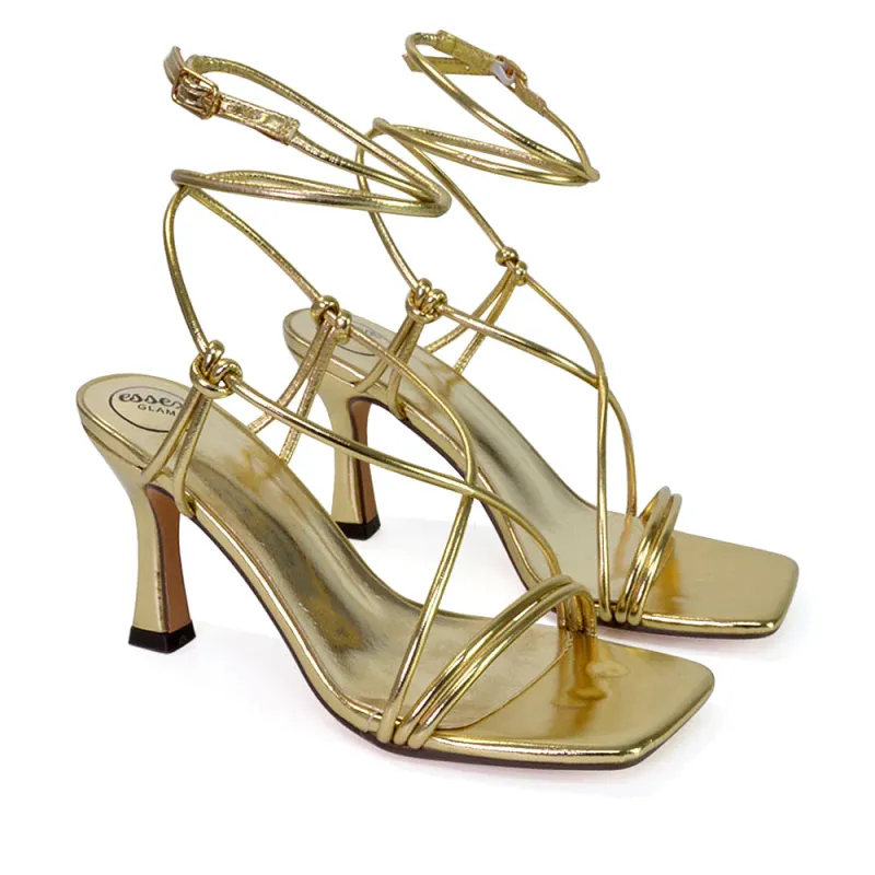 Carys Buckle Lace Up Strappy Stiletto Square Toe Mid High Heel Sandals in Gold sold by XYlondon