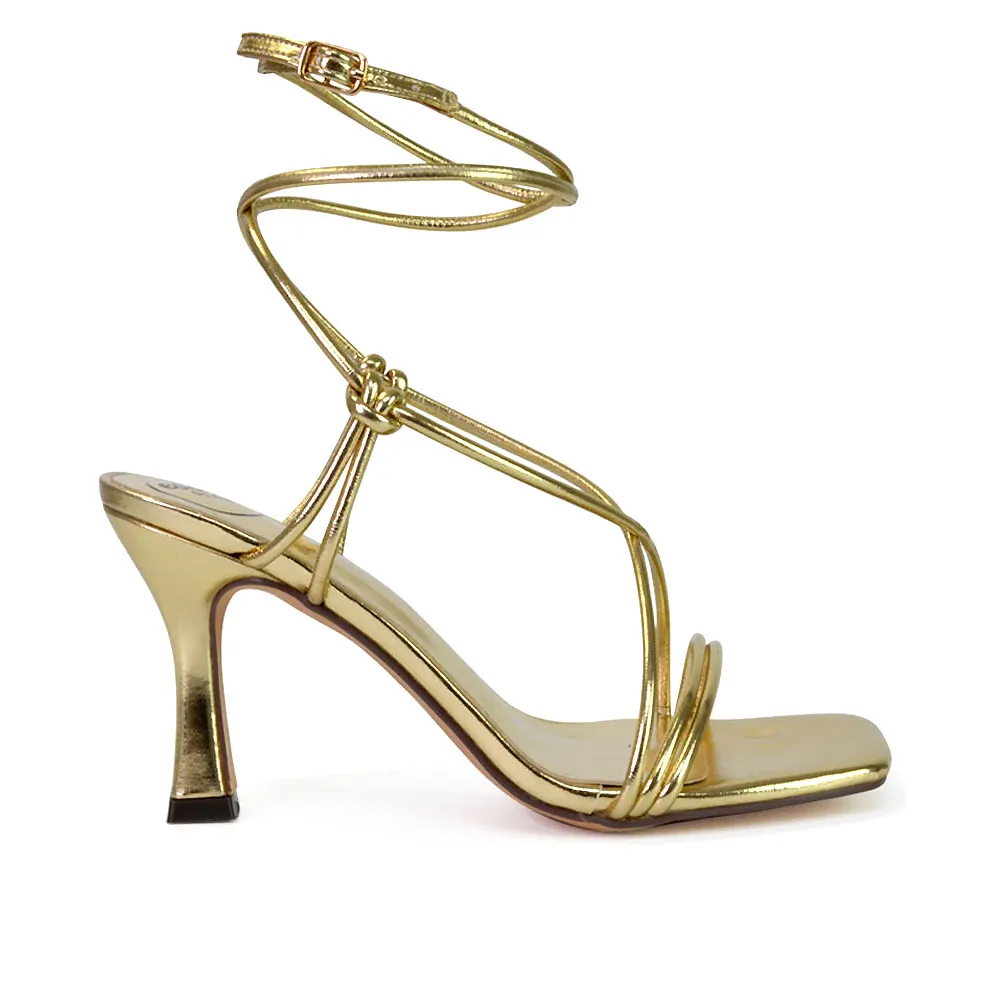 Carys Buckle Lace Up Strappy Stiletto Square Toe Mid High Heel Sandals in Gold sold by XYlondon product image thumbnail 3