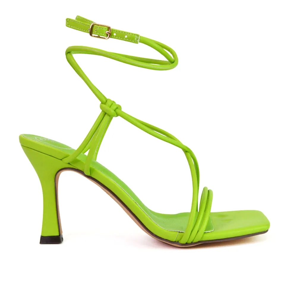 Carys Buckle Lace Up Strappy Stiletto Square Toe Mid High Heel Sandals in Green sold by XYlondon product image thumbnail 3