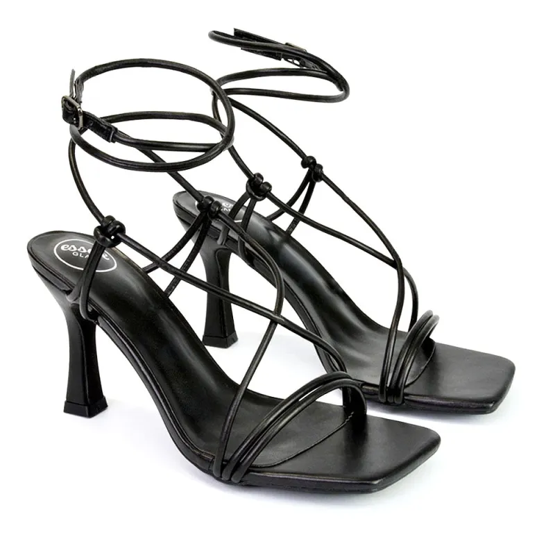Carys Buckle Lace Up Strappy Stiletto Square Toe Mid High Heel Sandals in Black sold by XYlondon