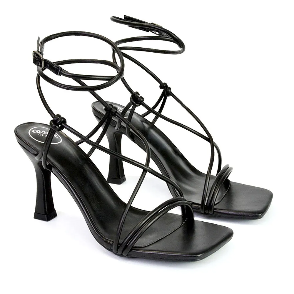 Carys Buckle Lace Up Strappy Stiletto Square Toe Mid High Heel Sandals in Black sold by XYlondon