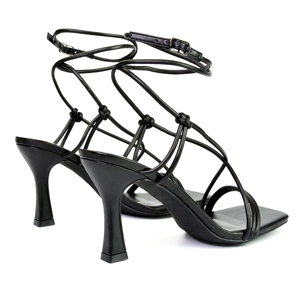 Carys Buckle Lace Up Strappy Stiletto Square Toe Mid High Heel Sandals in Black sold by XYlondon product image thumbnail 2