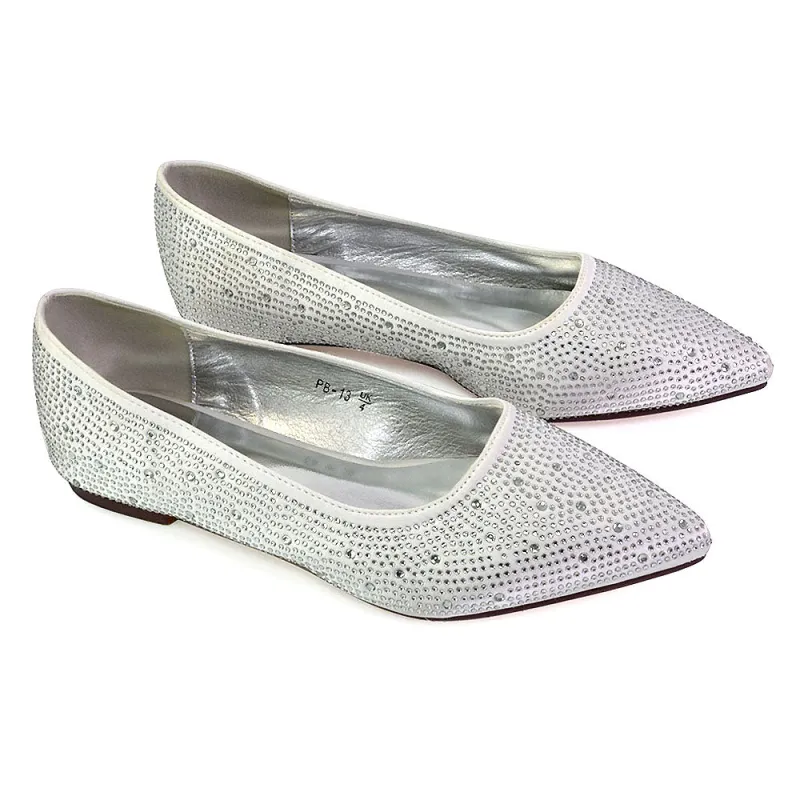 Marshall Bridal Shoes Flat Pointed Toe Diamante Ballerina Pump in White sold by XYlondon