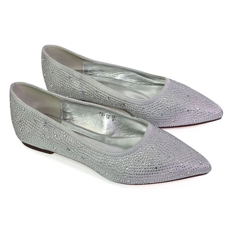 Marshall Bridal Shoes Flat Pointed Toe Diamante Ballerina Pump in Silver sold by XYlondon