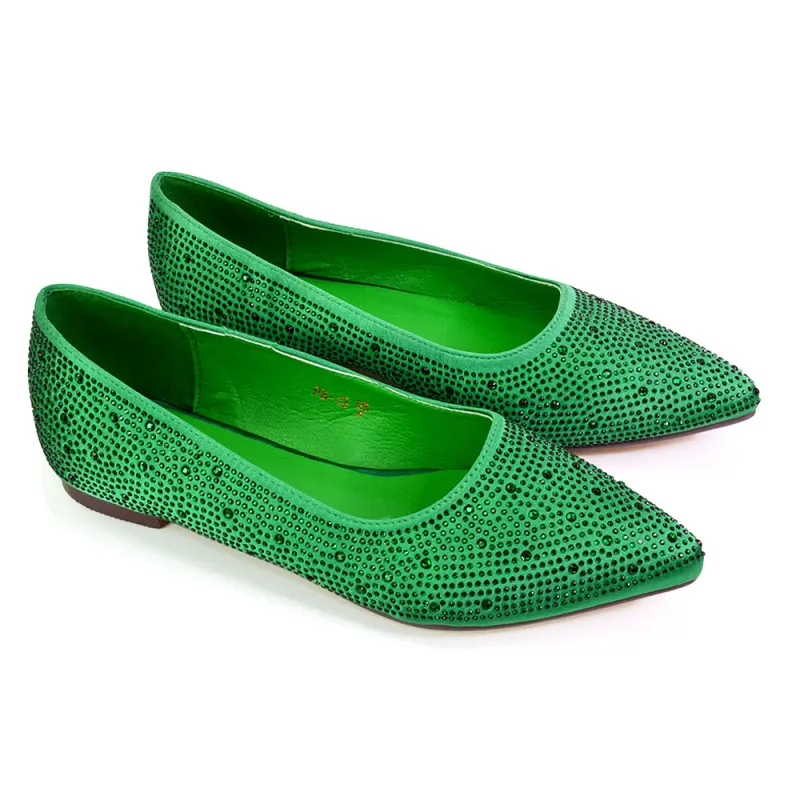 Marshall Bridal Shoes Flat Pointed Toe Diamante Ballerina Pump in Green sold by XYlondon