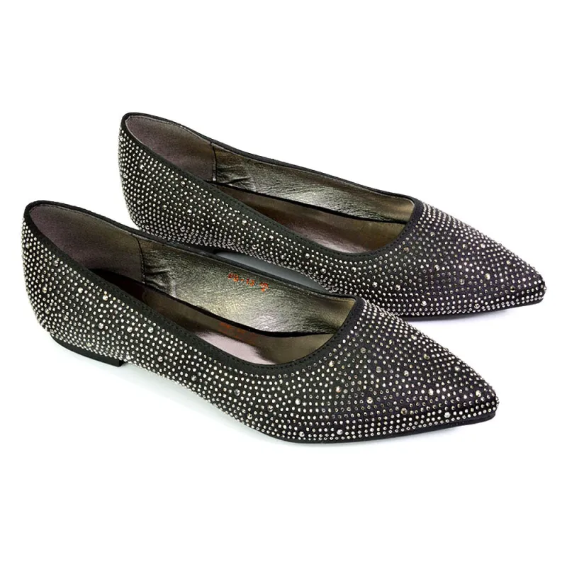 Marshall Bridal Shoes Flat Pointed Toe Diamante Ballerina Pump in Black sold by XYlondon