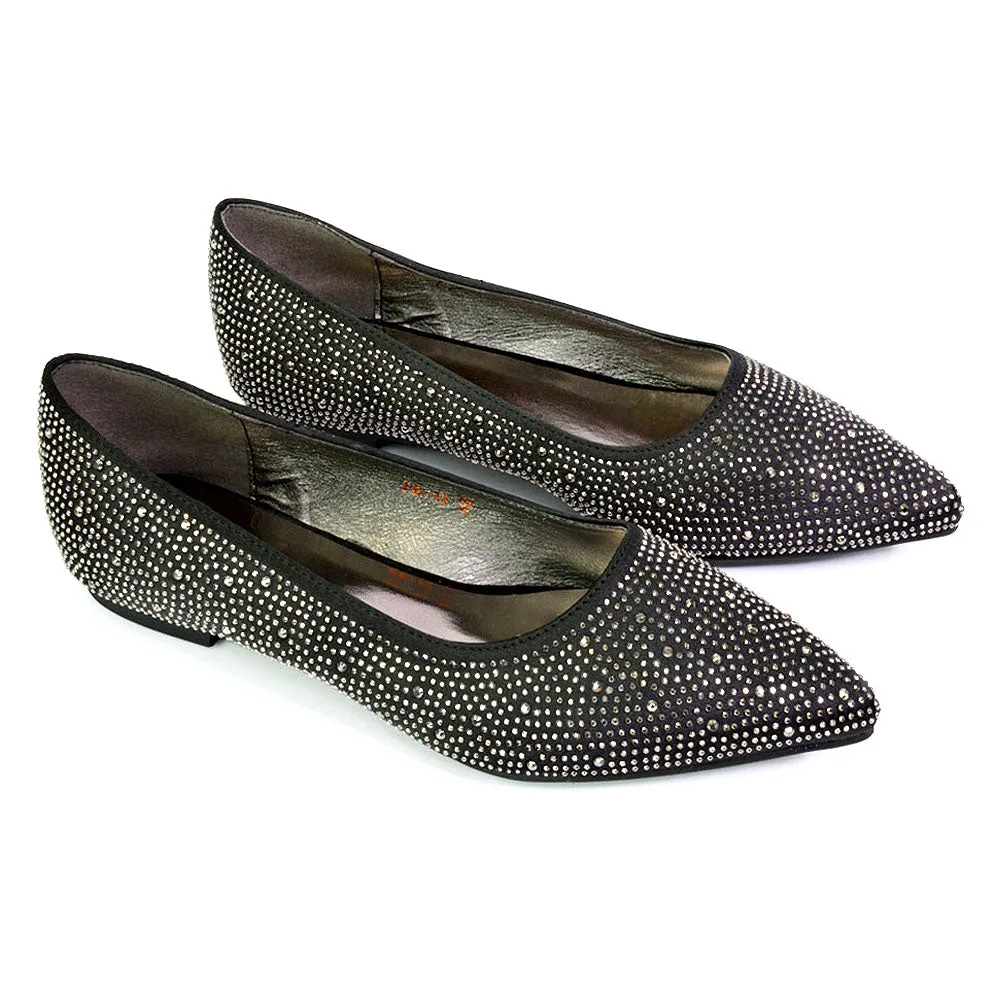 Marshall Bridal Shoes Flat Pointed Toe Diamante Ballerina Pump in Black sold by XYlondon