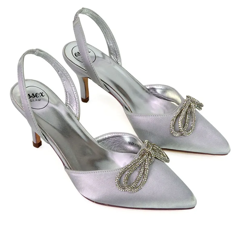 Marinah Wedding Shoes Diamante Bow Slingback Stiletto High Heel Court Shoes in Silver sold by XYlondon