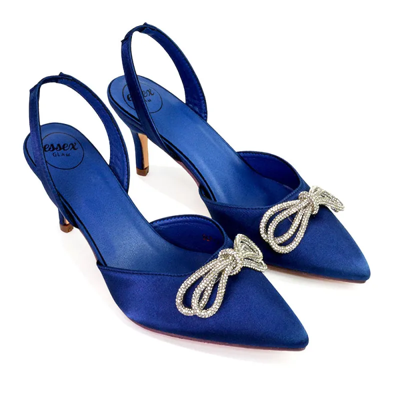 Marinah Wedding Shoes Diamante Bow Slingback Stiletto High Heel Court Shoes in Navy sold by XYlondon