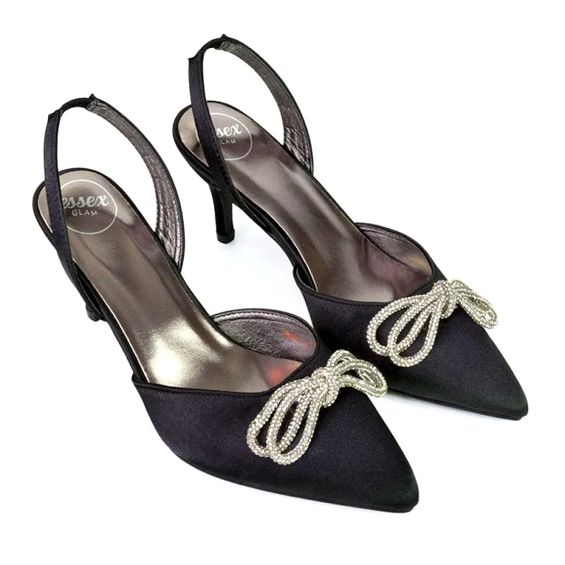 Marinah Wedding Shoes Diamante Bow Slingback Stiletto High Heel Court Shoes in Black sold by XYlondon