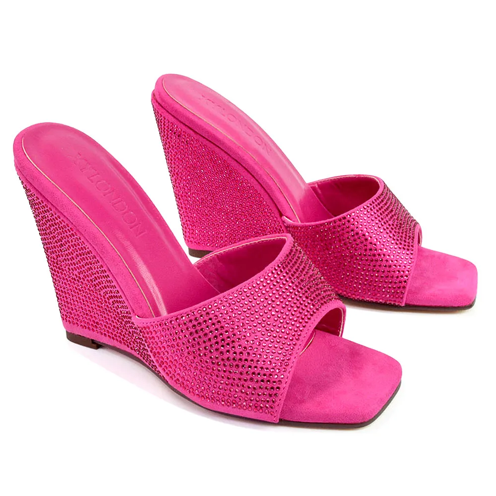 Peggie Diamante Faux Suede Square Toe Wedge Heel Sandal Mules in Fuchsia sold by XYlondon product image thumbnail 4