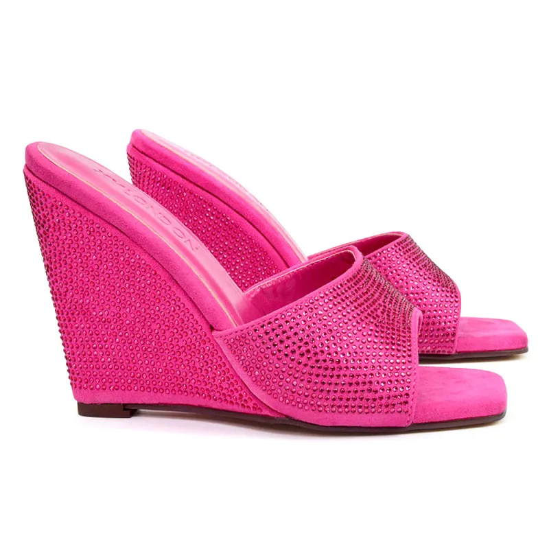 Peggie Diamante Faux Suede Square Toe Wedge Heel Sandal Mules in Fuchsia sold by XYlondon