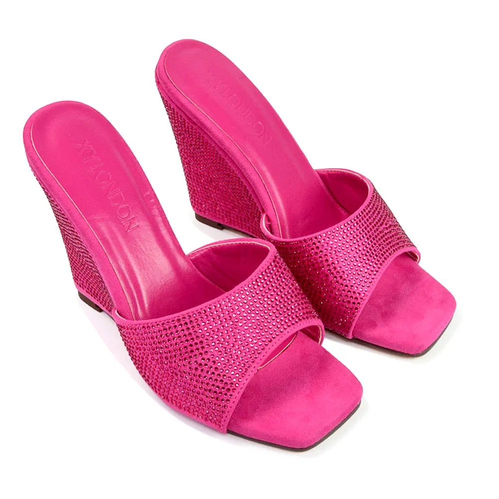Peggie Diamante Faux Suede Square Toe Wedge Heel Sandal Mules in Fuchsia sold by XYlondon product image thumbnail 5