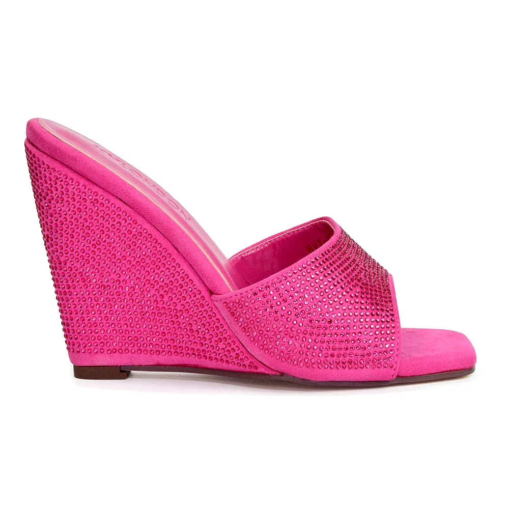 Peggie Diamante Faux Suede Square Toe Wedge Heel Sandal Mules in Fuchsia sold by XYlondon product image thumbnail 3