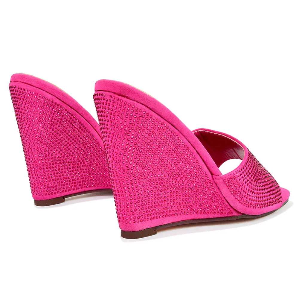 Peggie Diamante Faux Suede Square Toe Wedge Heel Sandal Mules in Fuchsia sold by XYlondon product image thumbnail 2