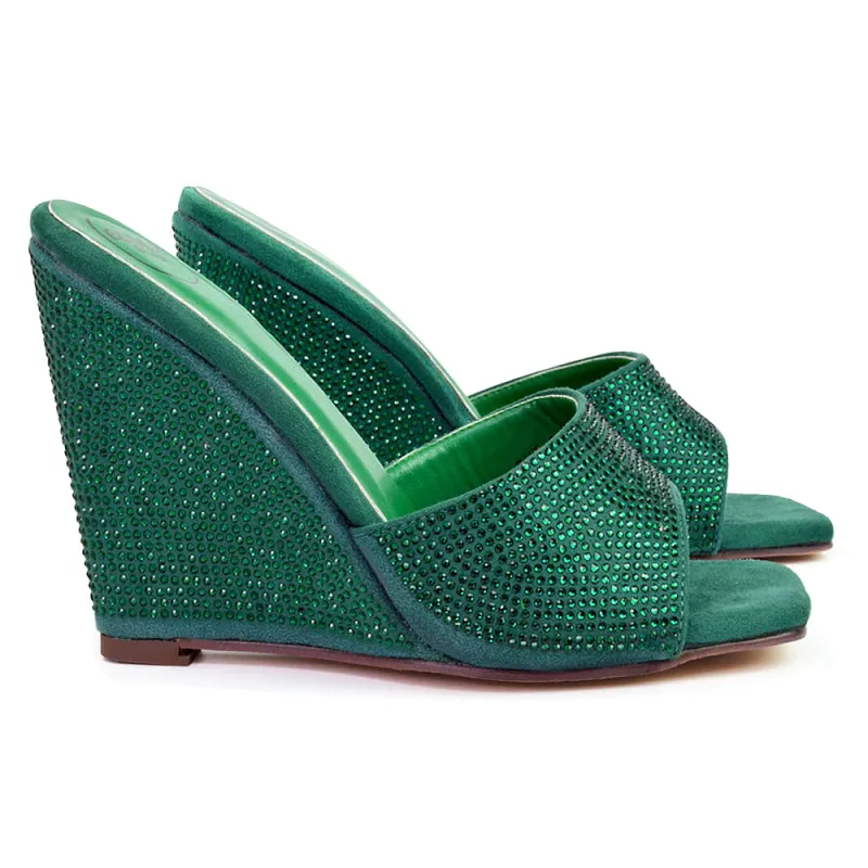 Peggie Diamante Faux Suede Square Toe Wedge Heel Sandal Mules in Green sold by XYlondon