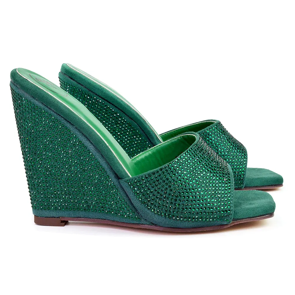 Peggie Diamante Faux Suede Square Toe Wedge Heel Sandal Mules in Green sold by XYlondon