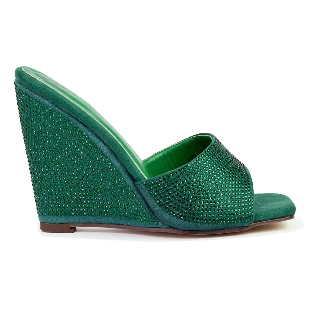 Peggie Diamante Faux Suede Square Toe Wedge Heel Sandal Mules in Green sold by XYlondon product image thumbnail 3