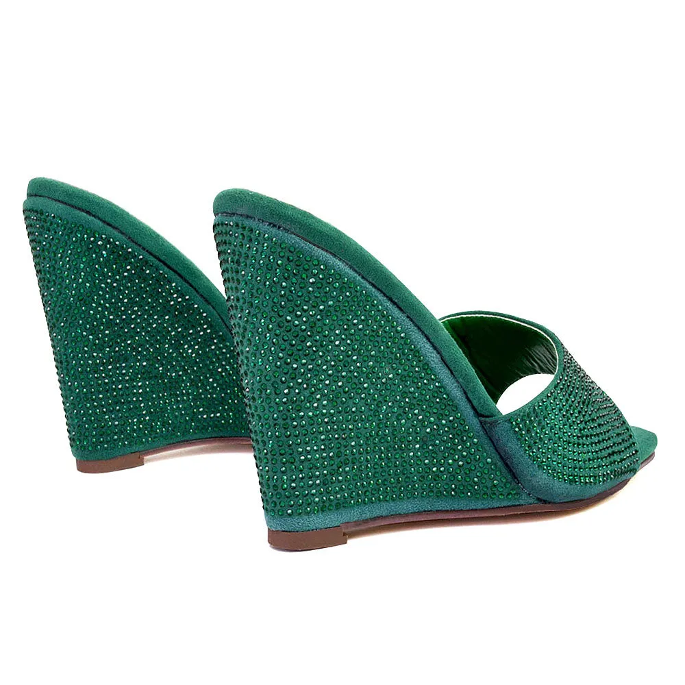 Peggie Diamante Faux Suede Square Toe Wedge Heel Sandal Mules in Green sold by XYlondon product image thumbnail 2