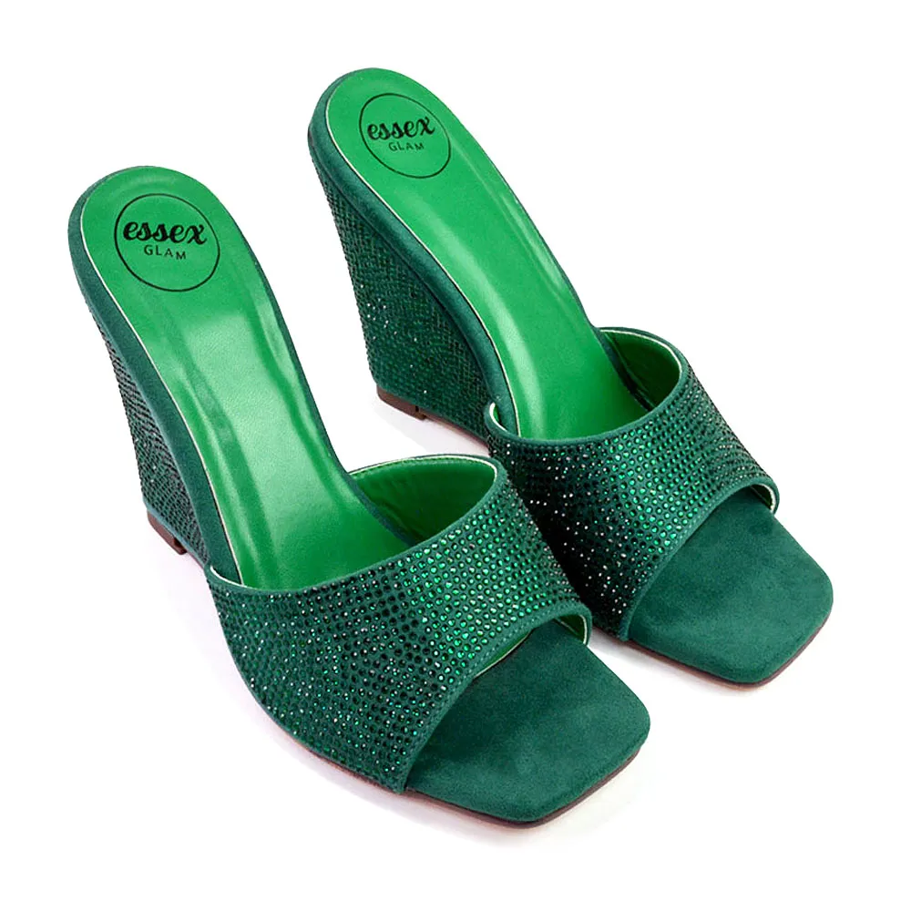 Peggie Diamante Faux Suede Square Toe Wedge Heel Sandal Mules in Green sold by XYlondon product image thumbnail 5