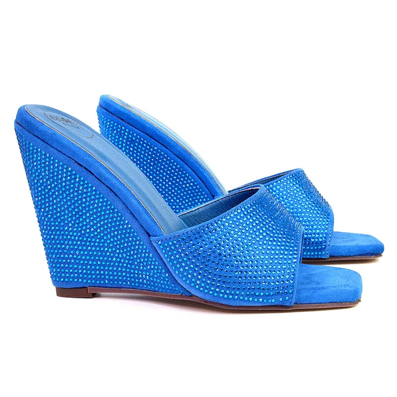 Peggie Diamante Faux Suede Square Toe Wedge Heel Sandal Mules in Blue sold by XYlondon