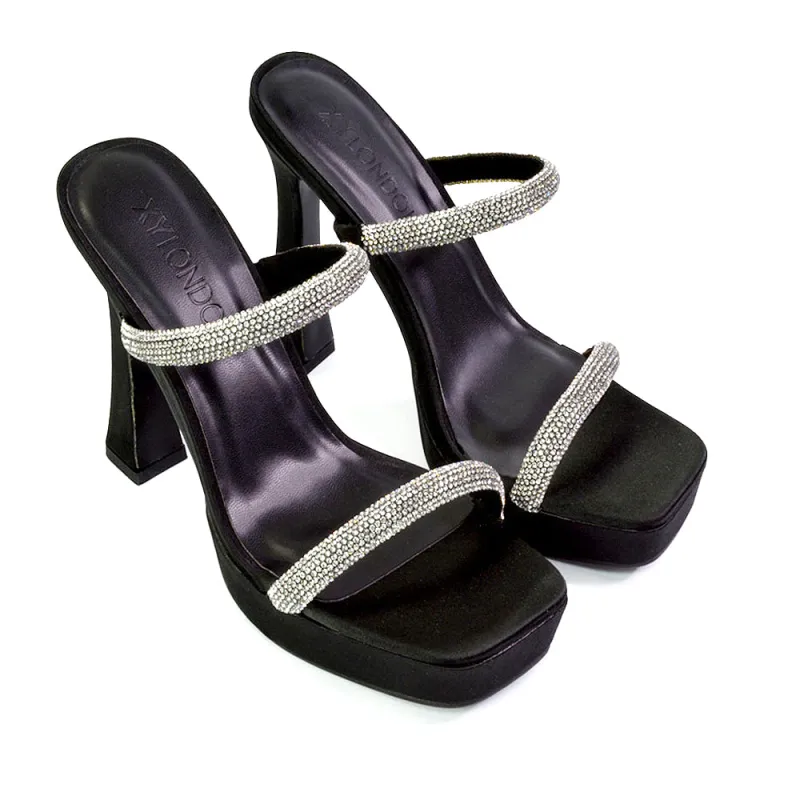 Verony Diamante Strappy Square Toe Platform High Heel Mule Sandals in Black sold by XYlondon