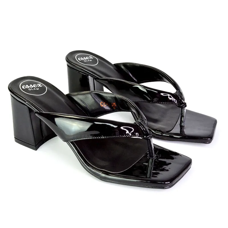 Lylia Square Toe Toe Post Thong Mid Block Heel Sandal Mules in Black sold by XYlondon